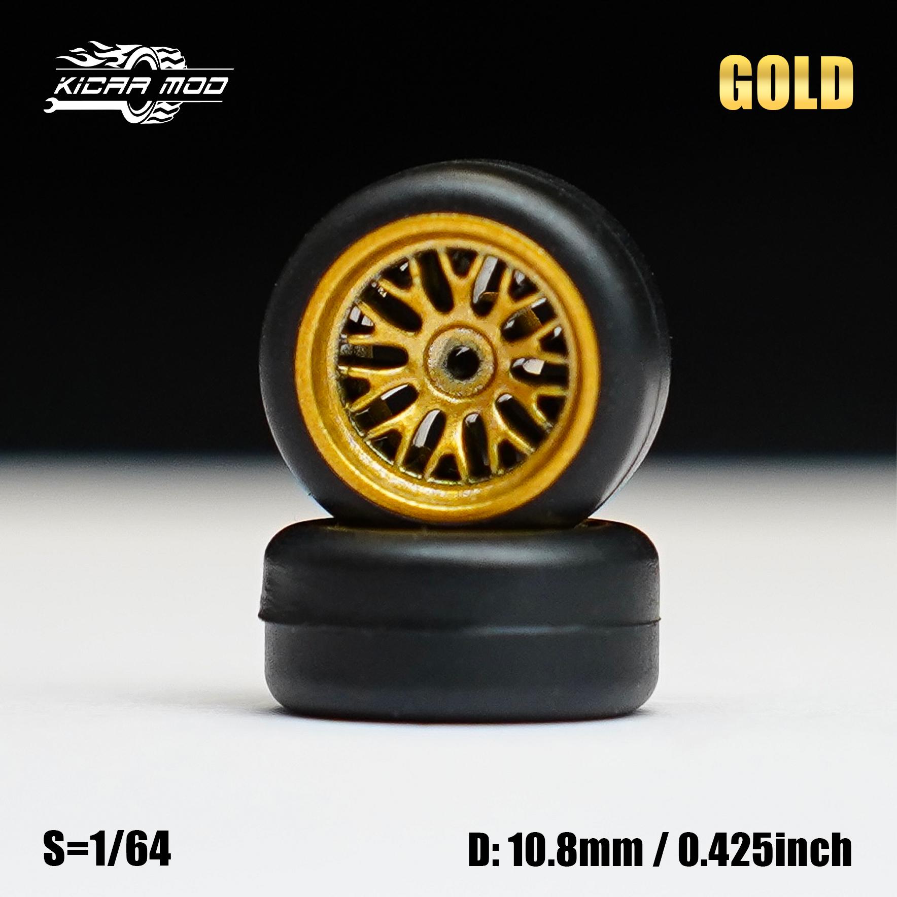 Voiture Modèle 1/64 Roue Dorée Avec Pneus Caoutchouc Fixes Livrée Avec Rivets Pour Pièces de Modification de Modèle Diecast Pour Roues 4Pcs 1Se