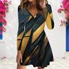 Women Plus Size V Neck Long Sleeve Printed Black Teal Gold A Line Dress