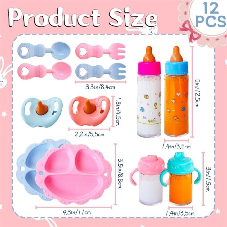12Piece Doll Feeding Set with Bottles Pacifiers Juice Container Role Play Accessories Safe Educational Toy forToddler
