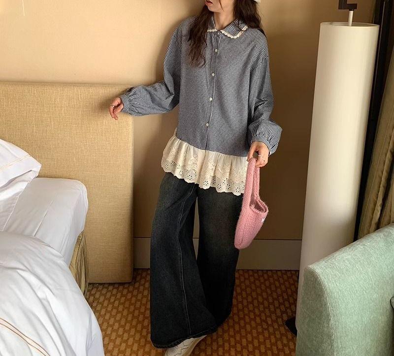 

2025 Spring Women s Slim Fit Plaid Peter Pan Collar Long Sleeve Shirt One Size синий