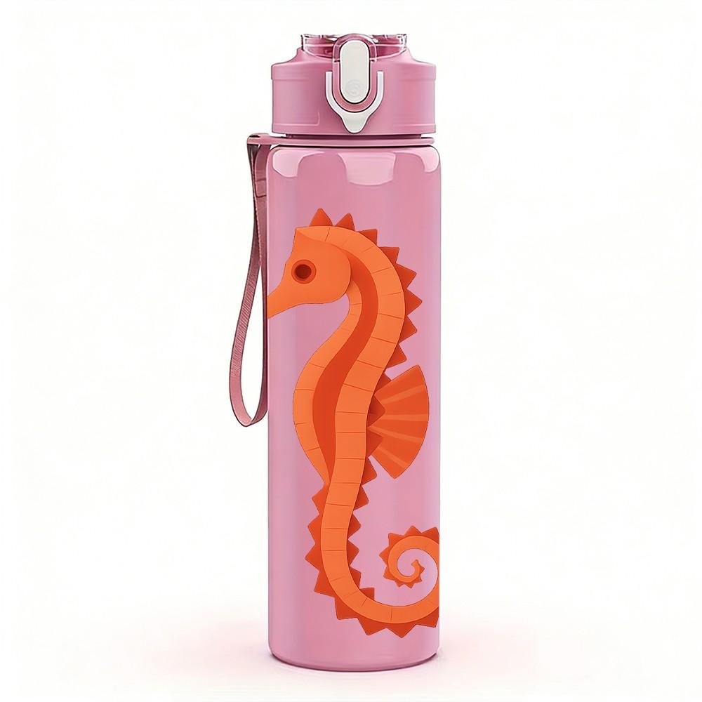 1PC Single Seahorse Line Illustration 750ml Color Plastic Sports Water Bottle Leakproof Flip Straw Lid Suitable for Sports Office Home Use
