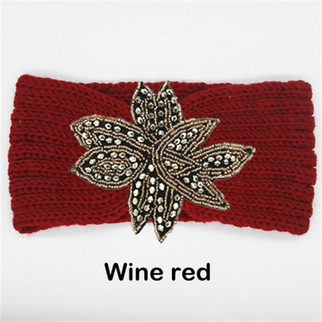 Crystal Beaded Flower Knit Headband For Women Winter Wool Ear Warmer Hairband Turban Headwrap Hair Accessories Bandeau