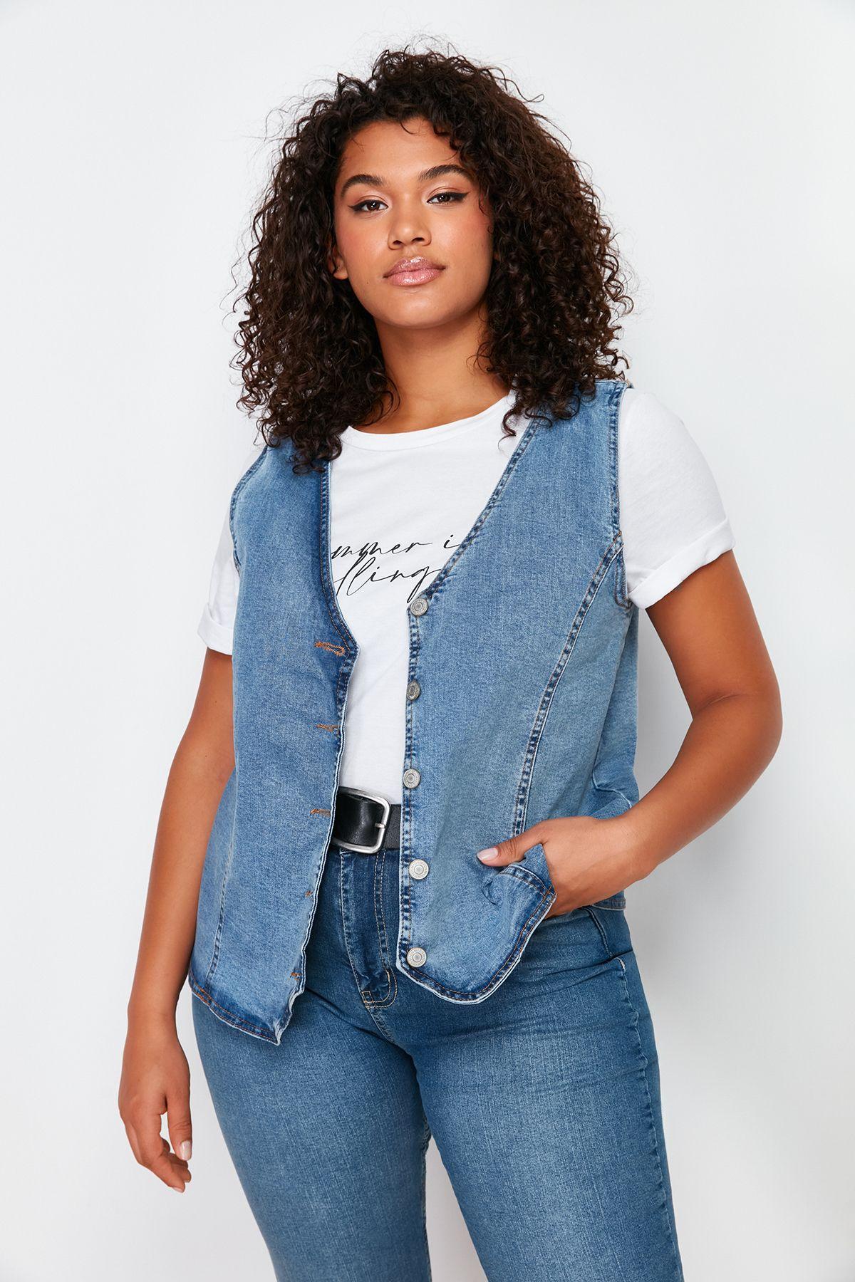 

Женский стиль плюс размер синий джинсовый жилет XL