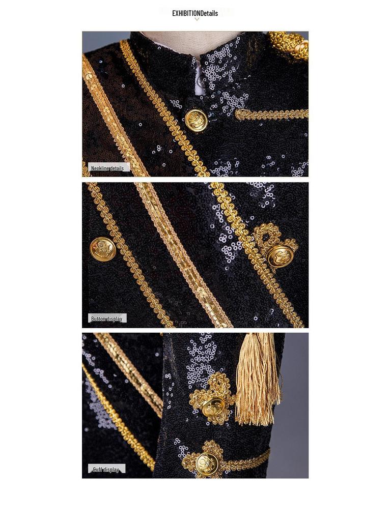 Herren Schwarzer & Goldener Pailletten Europäischer Hofstil Nachtclub DJ Performance Smoking.