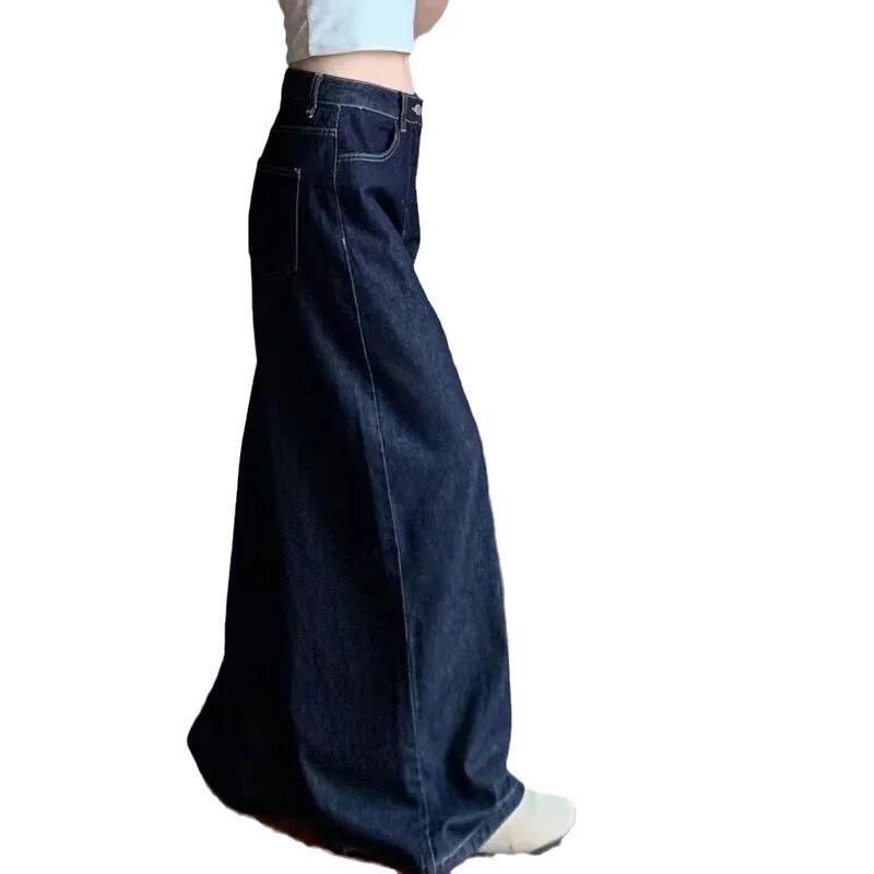 Dark blue small wide-leg jeans women's summer retro loose and thin high-waisted straight casual floor-mopping trousers