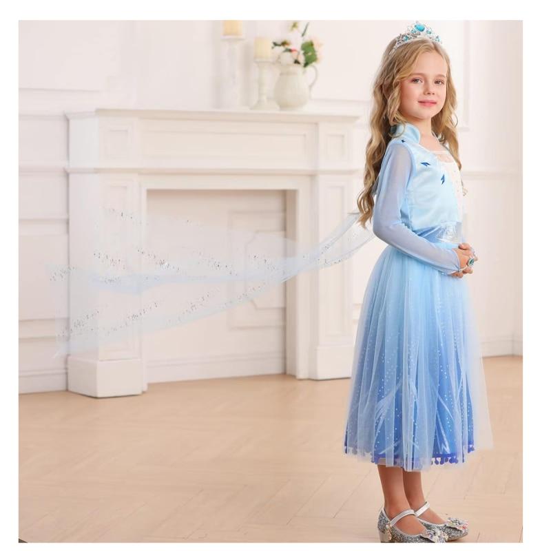 Set Corona e Parrucca Bambina Frozen 2 - Principessa Elsa Regina del Ghiaccio Tessuto Pregiato Blu 2-3 Anni (100 centimetri)