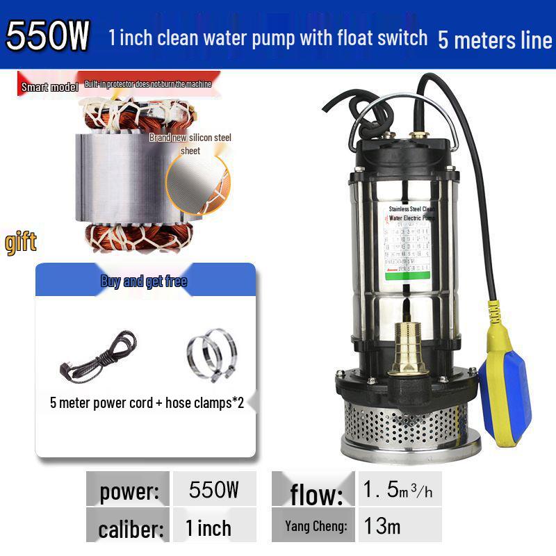 Stainless Steel 220V Small Submersible Water Pump for Household, High Head, Agricultural, and Sewage Use.