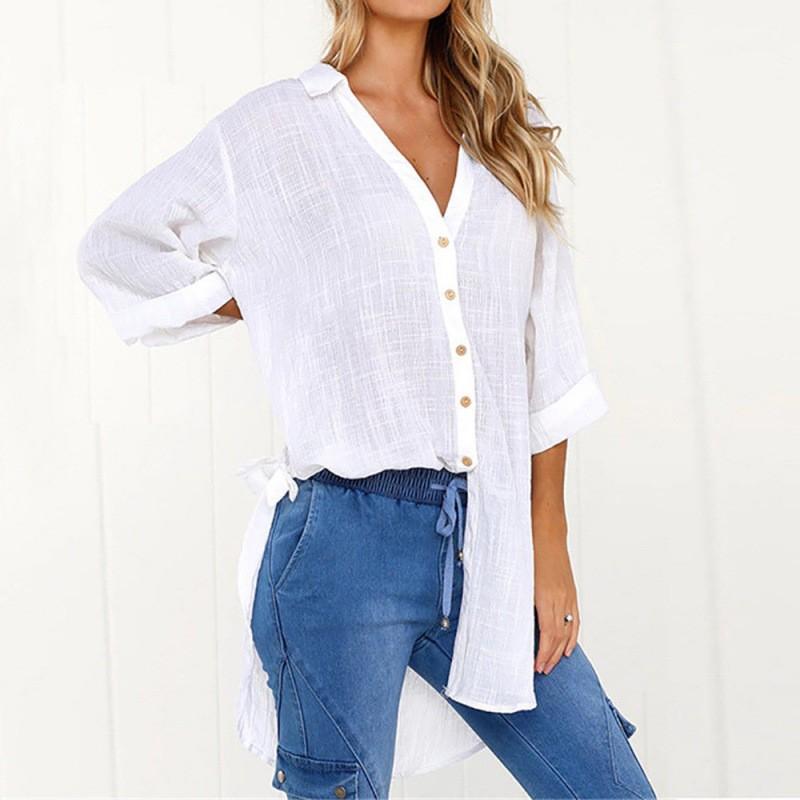 Women's Plus Size Solid Cotton And Linen Hollow Out V-neck Pullover Tops Shirt