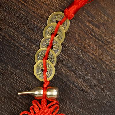 Genuine Copper Five Emperor Coins Feng Shui Hanging Ornament, Handmade Red String Door To Door Evil Protection Home Car