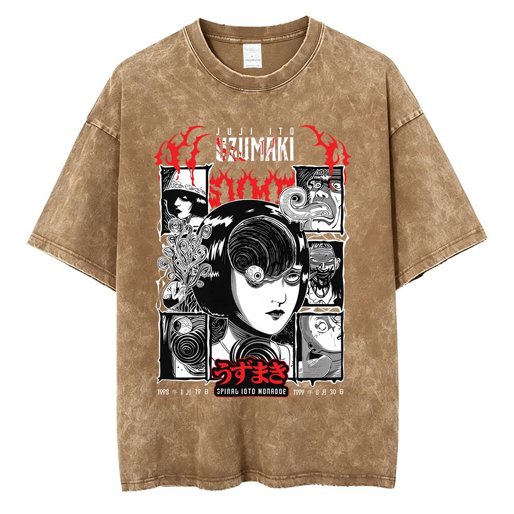 Unisex Washed Vintage Horror Anime Junji Ito Uzumaki Graphic T-shirt Men Women Manga Retro Oversized T Shirt Y2k Casual Cotton T-shirts