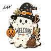 Scary Halloween Signs Black Cat Ghost Door Sign, Decorative Plaque, Wooden Hanging Festival Props Vintage Rustic Decor with Jute Rope, Seasonal