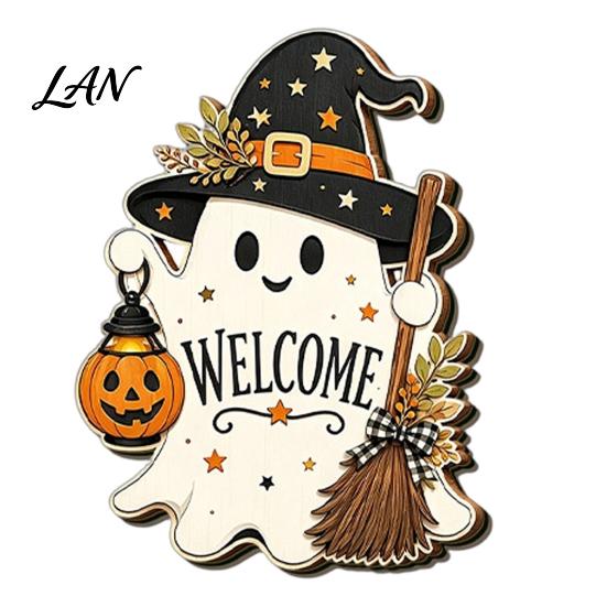 Scary Halloween Signs Black Cat Ghost Door Sign, Decorative Plaque, Wooden Hanging Festival Props Vintage Rustic Decor with Jute Rope, Seasonal