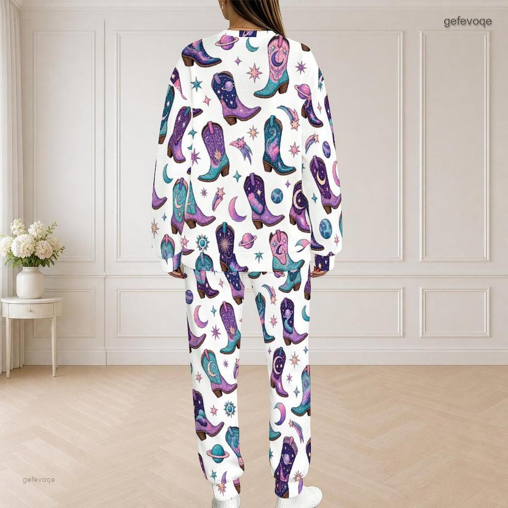 Women Plus Size Printed Two Piece Set Round Neck Long Sleeve Top And Long Pants