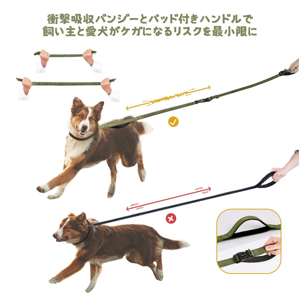 Bella Pal Multifunctional Adjustable Dog Leash Shock Absorption Reflective Training Compatible with Dog Seat Belt Extendable Bungee Deep Green &