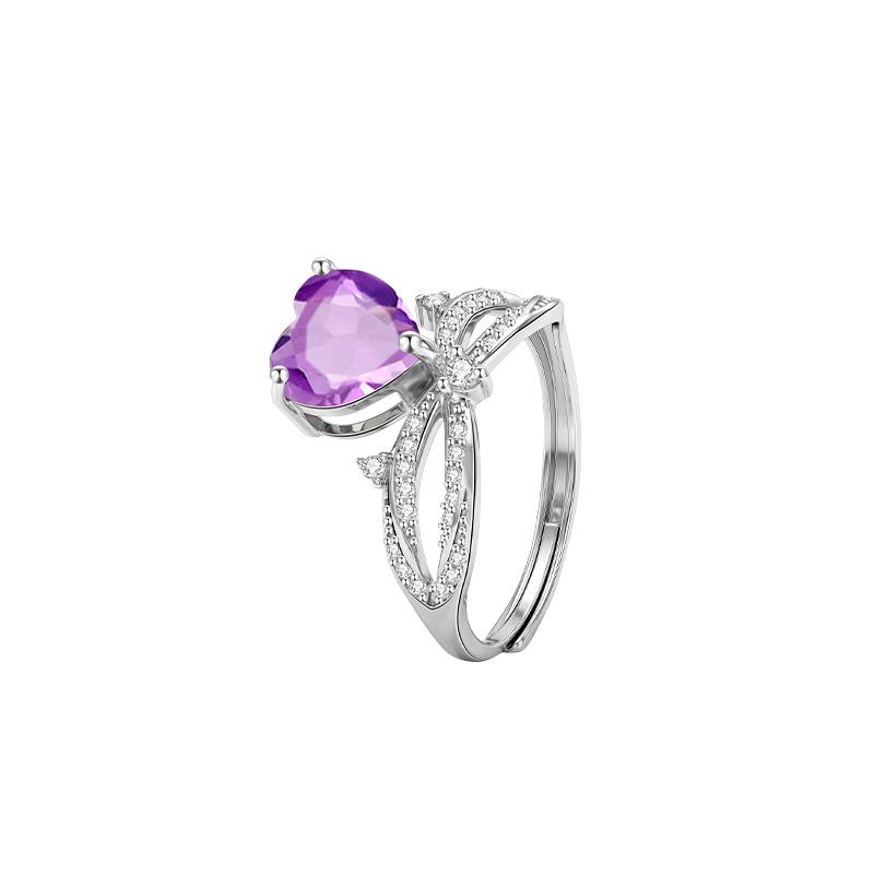 S925 sterling silver heart-shaped amethyst bow ring adjustable light luxury niche girl style natural stone index finger ring