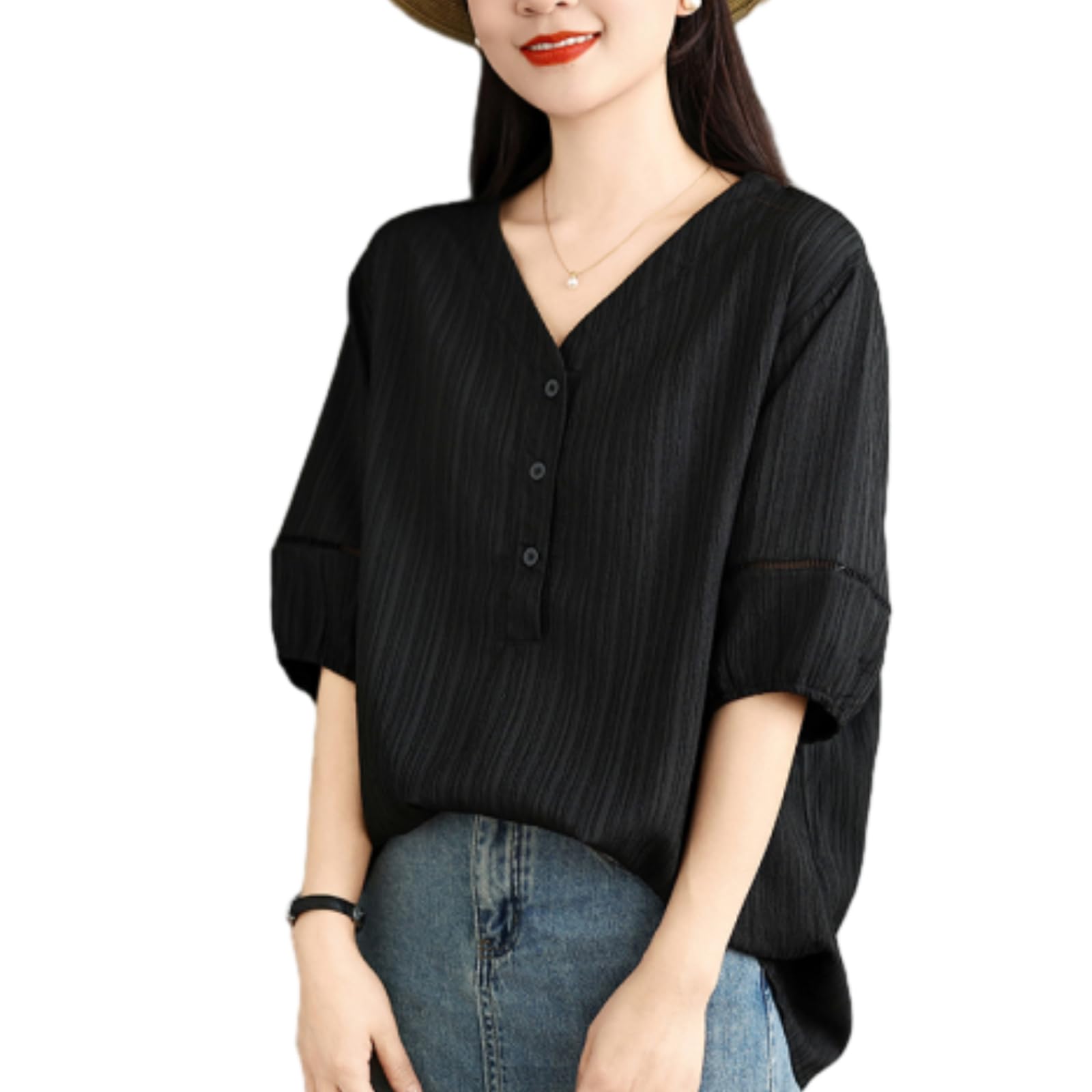 

Short Sleeve Chiffon Pullover with Solid Loose Perfect for and Fall [POGCZMKK] Women s Tops, T-Shirt, V-Neck Buttons, Color, Simple, Stylish, Fit, чёрный