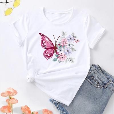 Fashion Women Creative Butterfly Flower Splicing Print T Shirt Funny Casual O-neck Short Sleeves T-shirt Summer Female Tee Shirt
