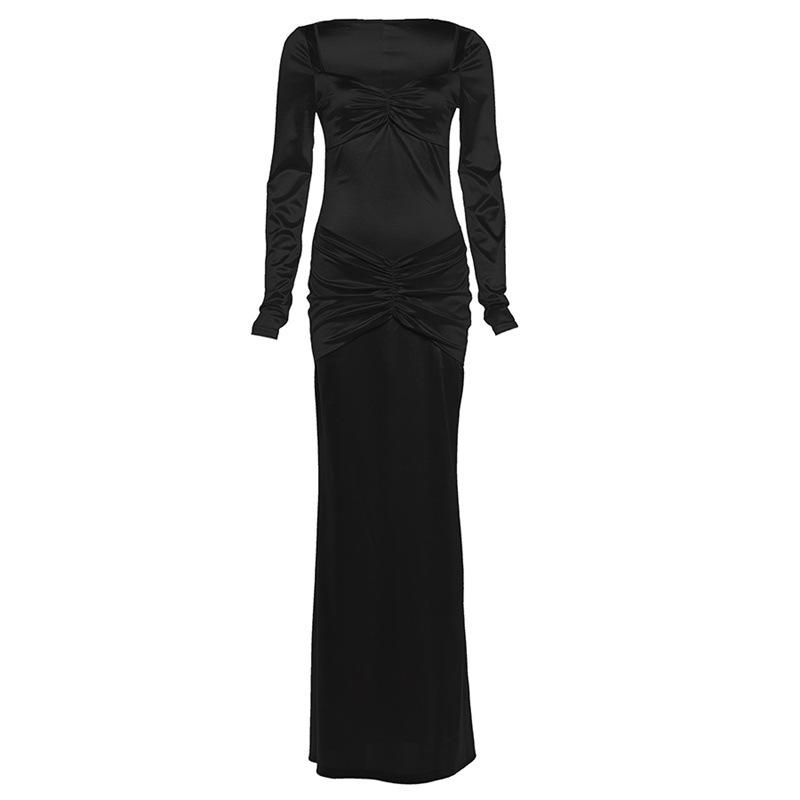 European and American style 2026 autumn new fashion creative pleated splicing solid color high waist slim and thin dress