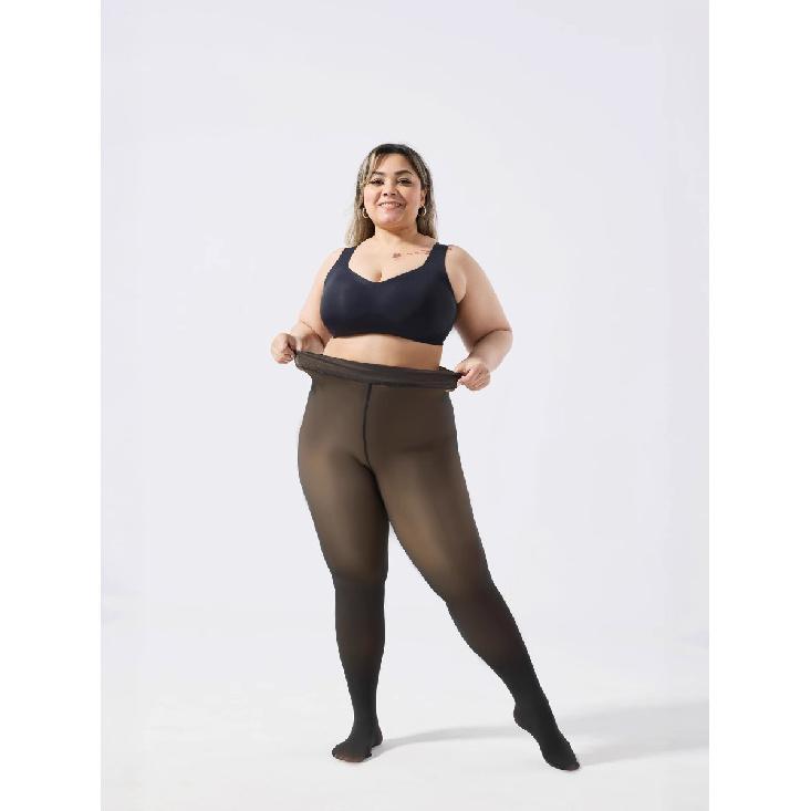 Plus Size Black Sheer Fleece Lined Tights Transparent Women's Semi-Transparent Warm Pantyhose Tights