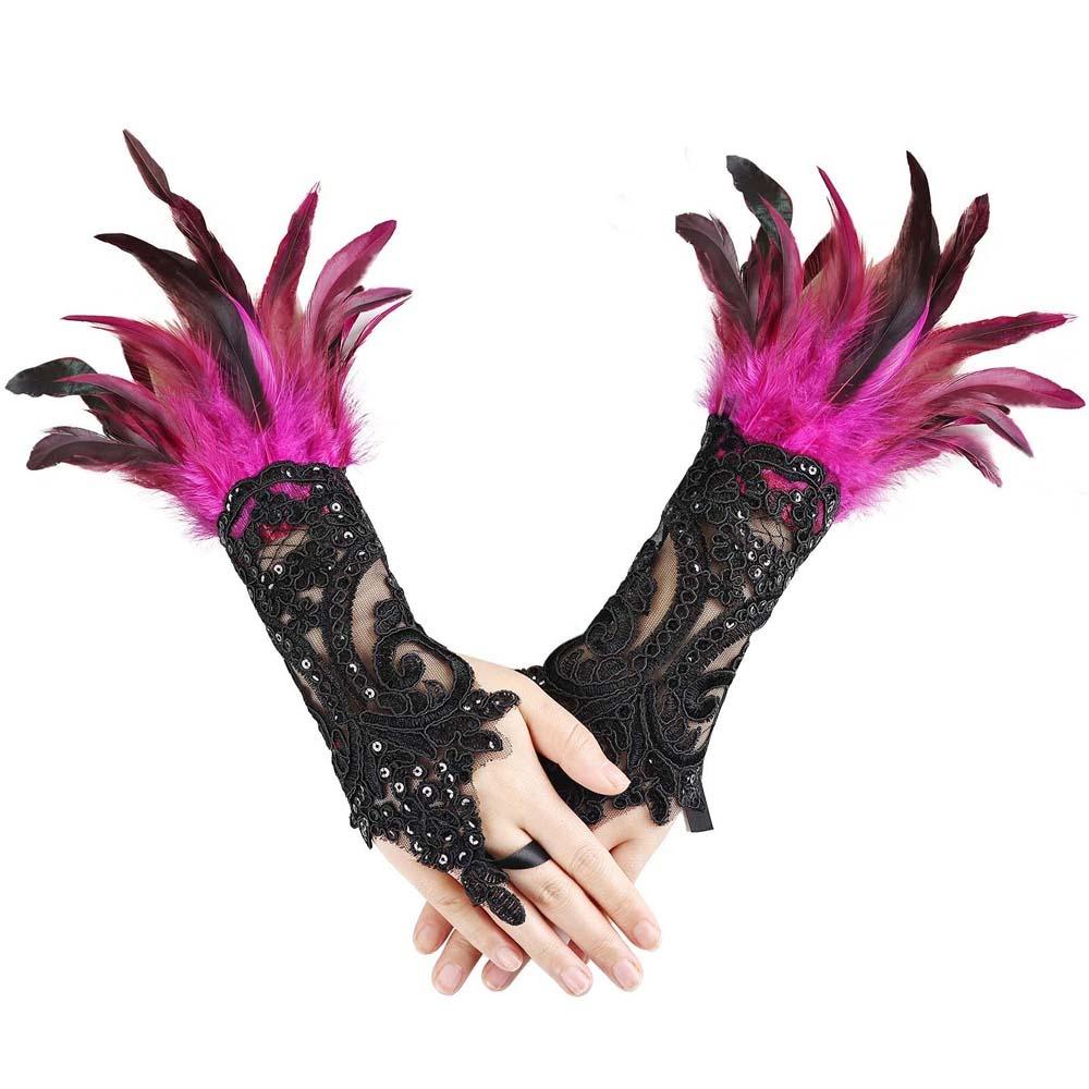 Retro Sequins Feather Lace Gloves Gothic Women Halloween Arm Sleeves Halloween Feather Gloves  Ball