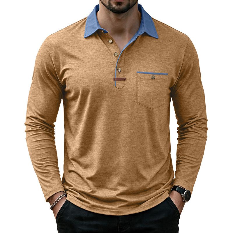 Mens Casual Long Sleeve Polo Shirts Contrast Lapel Button T Shirt with Chest Pocket Solid Color Daily Business Tops