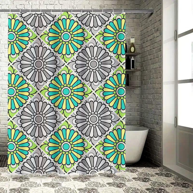 Bunter Blumiger Duschvorhang Dekoratives Wasserdichtes Gewebe für Badezimmer Grün Blau Gelb Grau Fliesenmuster Design Größe 72 x 8