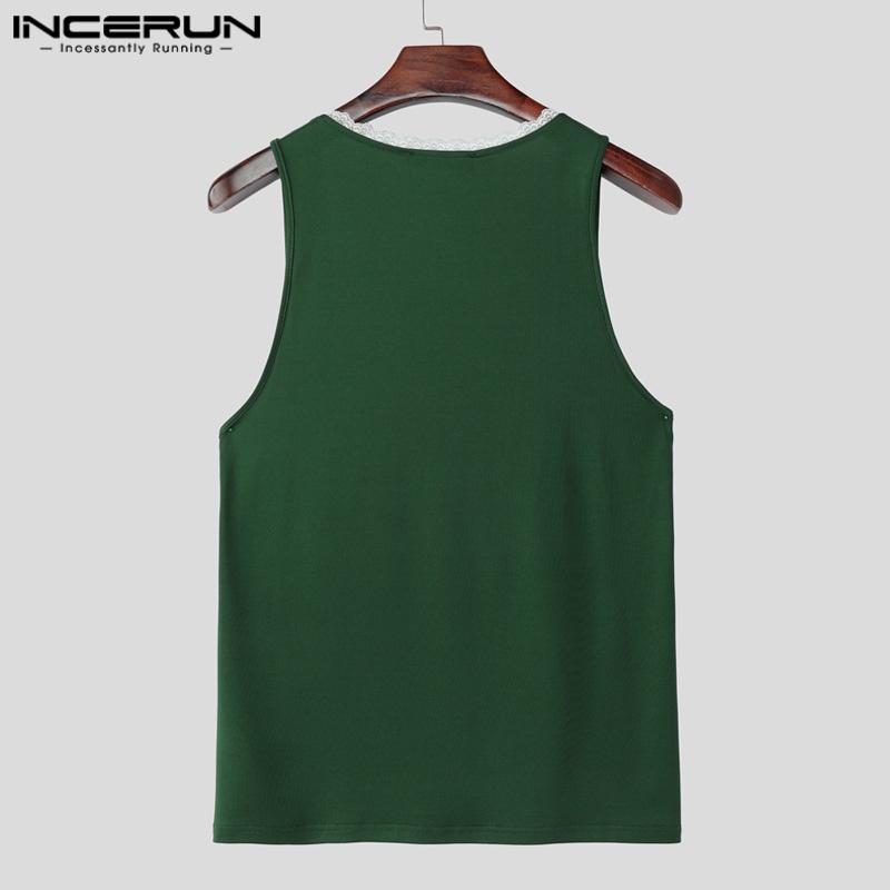 INCERUN Summer Men Deep V Neck Sleeveless Lace Hem Print Casual Tank Tops