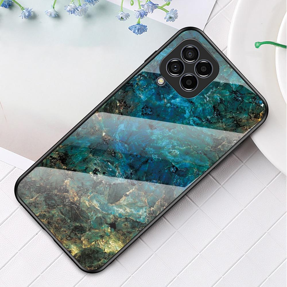 

For Samsung Galaxy M33 5G (Global Version) Marble Pattern Tempered Glass+PC+TPU Anti-shock Smooth Touch Cell Phone Shell Case Black Marble