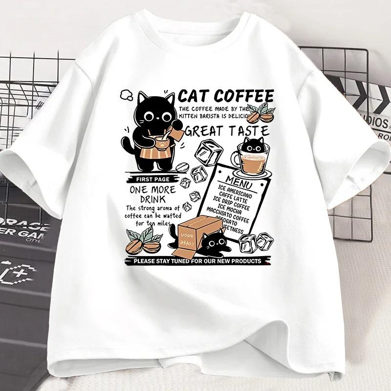 Funny Cat Make Coffe Print T Shirt for Men Women Tshirt Summer Loose Short Sleeve Trendy Y2k Tops Mens Designer Clothes