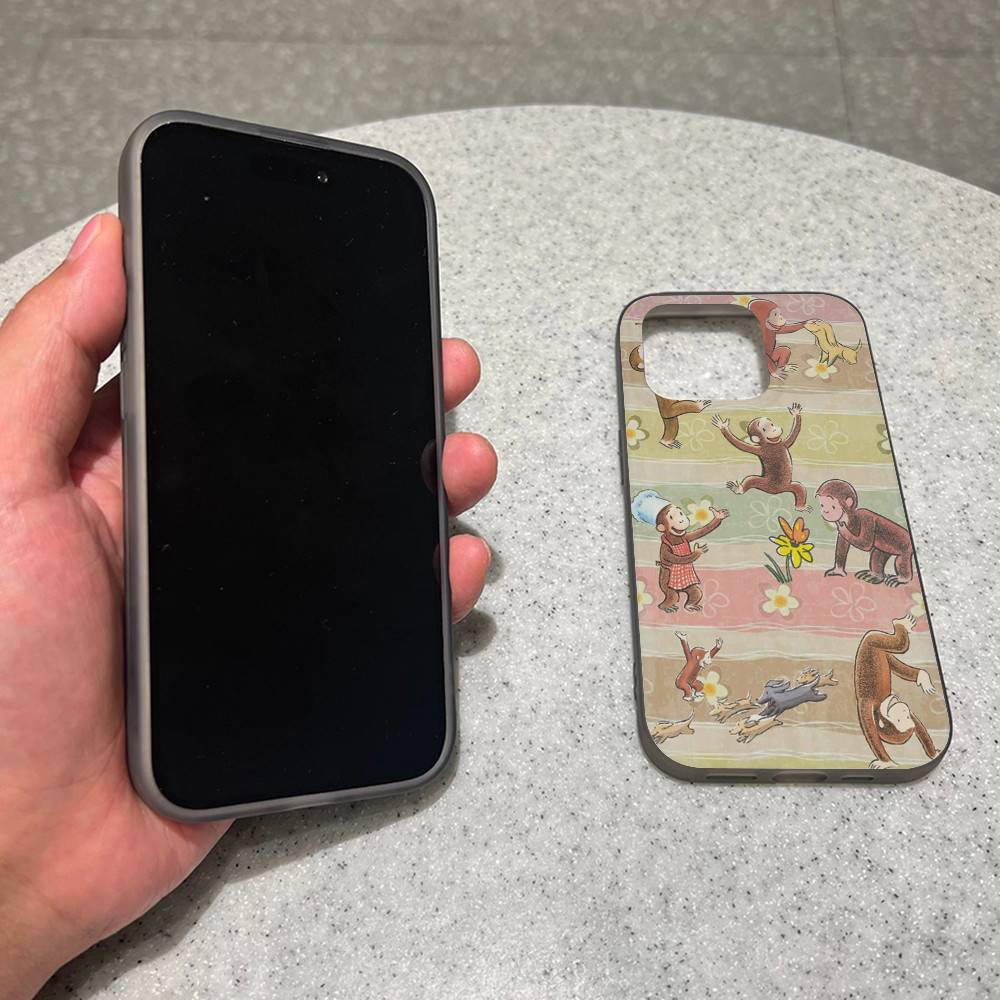 

Lovely Cartoon C-Curious Georges Corrugated Stripe Phone Case For iPhone 17 16 15 14 13 12 11 Pro Max Plus Pro Shockproof Cover iPhone 15 plus