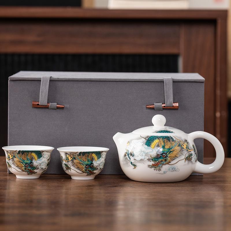 Beam Pot One Pot and Two Cups Suet Jade Porcelain Light Luxury Kung Fu Tea Set Kuaike Cup High-end Brocade Box Gift Box