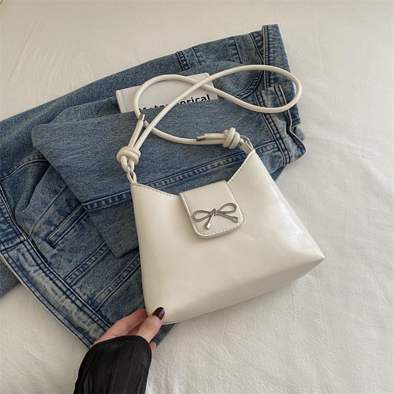Borsa a mano con fiocco e ascella in pelle PU di colore solido, alla moda, con fiocco, da ascella, dolce, da donna, a tracolla