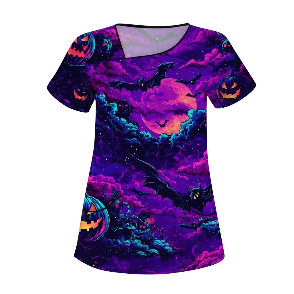 Damen Bedruckte Arbeitskleidung, Schräger Kragen und Doppellagige Taschen, Basic Oberteil Pullover