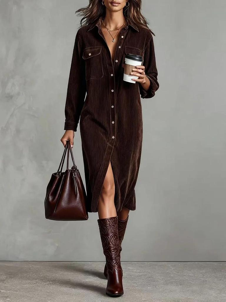Corduroy Long-Sleeve Lapel Shirt & Loose Skirt Set - Solid Color, 2026 New Style