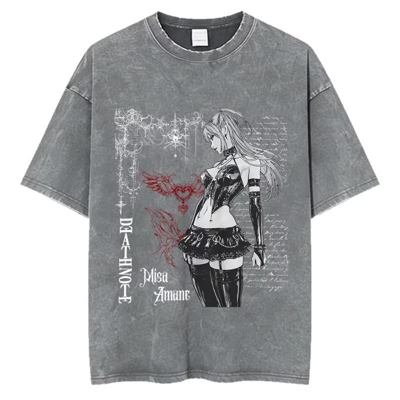 Anime Death Note Ryuk Yagami Light Vintage gewaschenes T-Shirt Herrenbekleidung Baumwoll-T-Shirt Mode Kurzarm-T-Shirts Streetwear