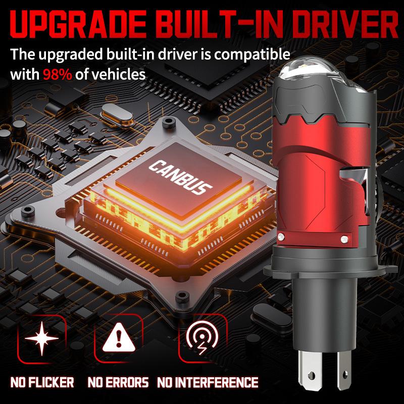 2Pcs Super Bright H4 LED Dual Projector Lens Headlight Bubs Car Motorcycle Canbus 100W 30000LM High Low Beam Light W/ Turbo Moto Lamp LHD 6000K White