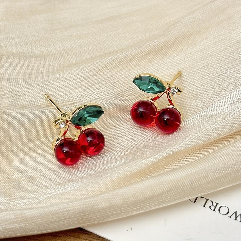 1 Pair Vintage Style Cherry Stud Earrings, Zinc Alloy with Red Simulation Gemstone, Elegant Fruit Design, for Daily Wear