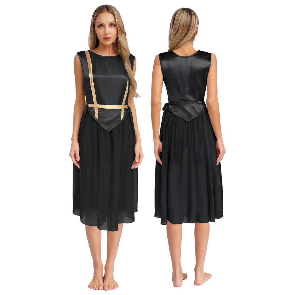 Womens Liturgical Dance Costume Round Neck Sleeveless Design Lace-up Sides Split Hem Satin Tunic