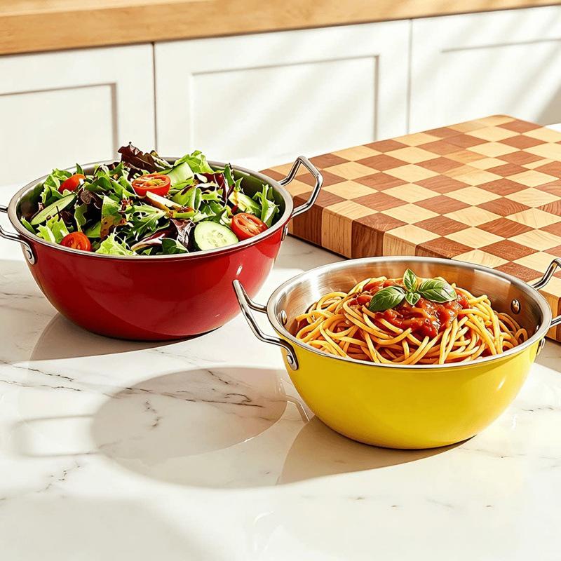 Colored Design Stainless Steel Kitchen Cooking Bowls Dual Handle Food Grade Anti-scald Bowl for Home Restaurant Use 1PC
