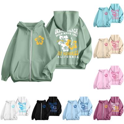 Women's Zip Up Hoodies Teen Girls  Flowers Printed Sweatshirt Clothing Casual Drawstring Jacket With Pockets