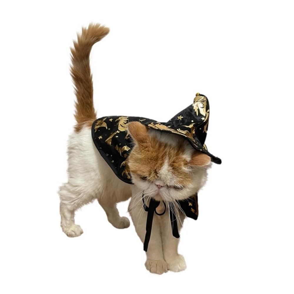 Black Gold Wizard Hat Cape Set Halloween Cat Dog Suit New Pet Cosplay Costume  Party Accessories
