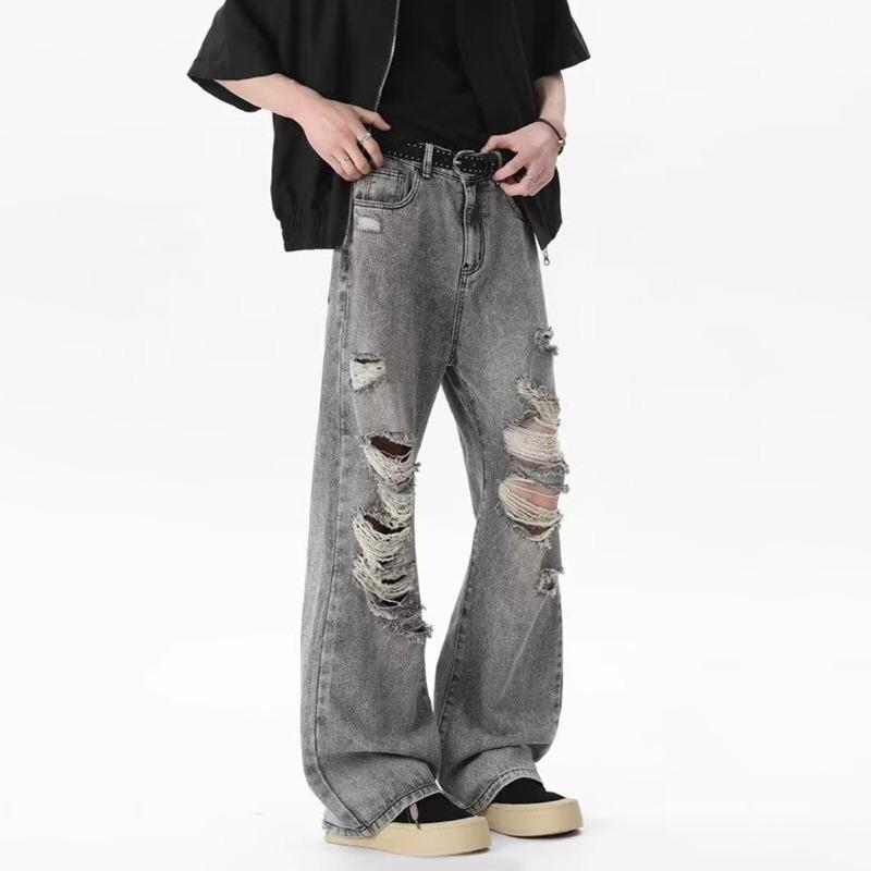 Versione coreana di jeans strappati graffiati uomo estate trendy marca larghi dritti a gamba larga ragazzi sottili casual pantaloni lunghi