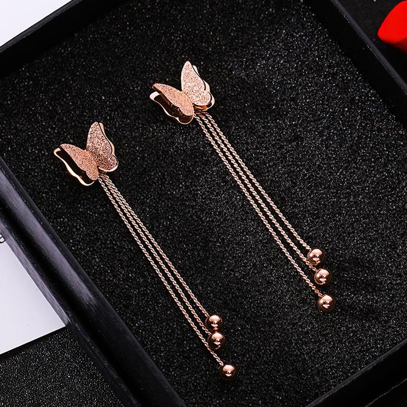 Korean Fashion Frosted Fringed Rose Gold Butterfly Earrings