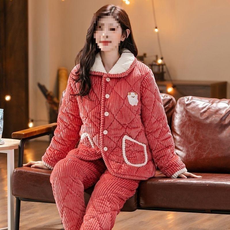 Pajamas women's three-layer thickened winter suit can wear large-size thermal padded loungewear