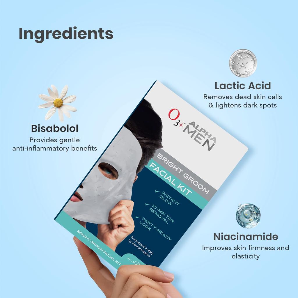 O3+ Alpha Men Bright Groom Facial Kit 54G Pack Of 1 for Hydrated, Glowing, Smooth Skin