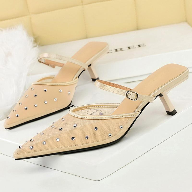 

BIGTREE Shoes pointed women s sandals Mesh Rhinestone Kitten heels Breathable hollow out Middle heel sandals Buckle slippers 34