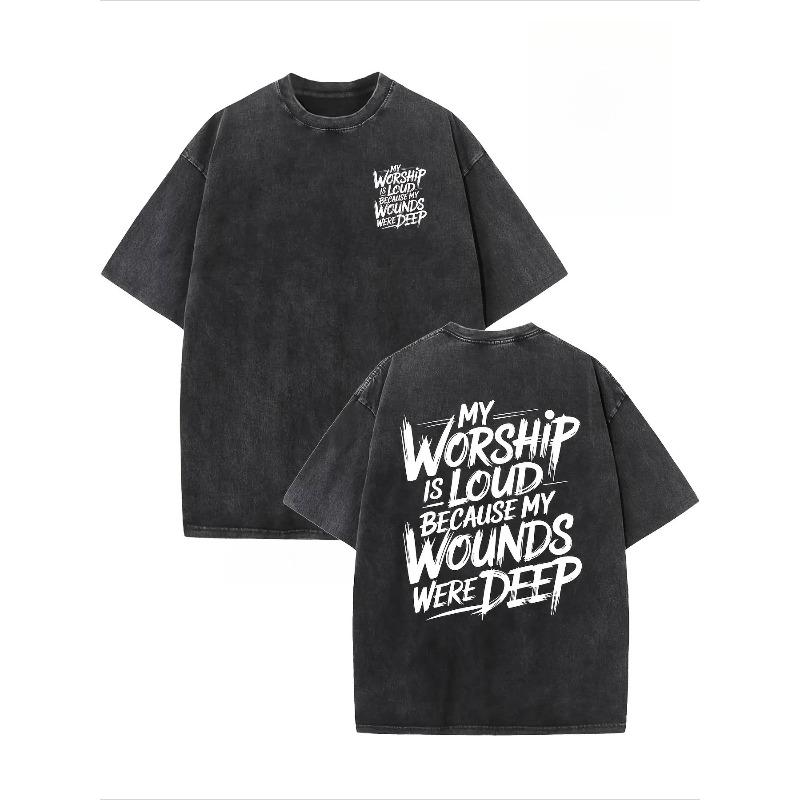 Vintage Creative Pattern Washed "My Worship Is Lord Because My Wounds Were Deep" Double-Sided Printed Washed Drop Shoulder Men'S Vintage Street Basic