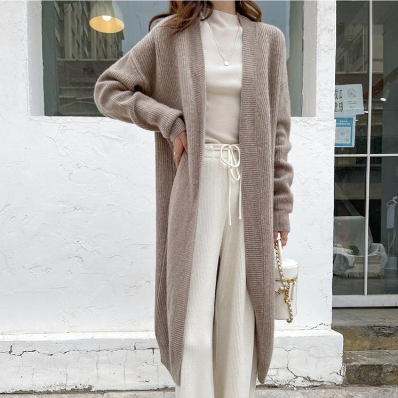 Knitted Women Cardigan Autumn Winter Casual V Neck Mid Length Coat Fashion Loose Solid Color Office Lady Sweater