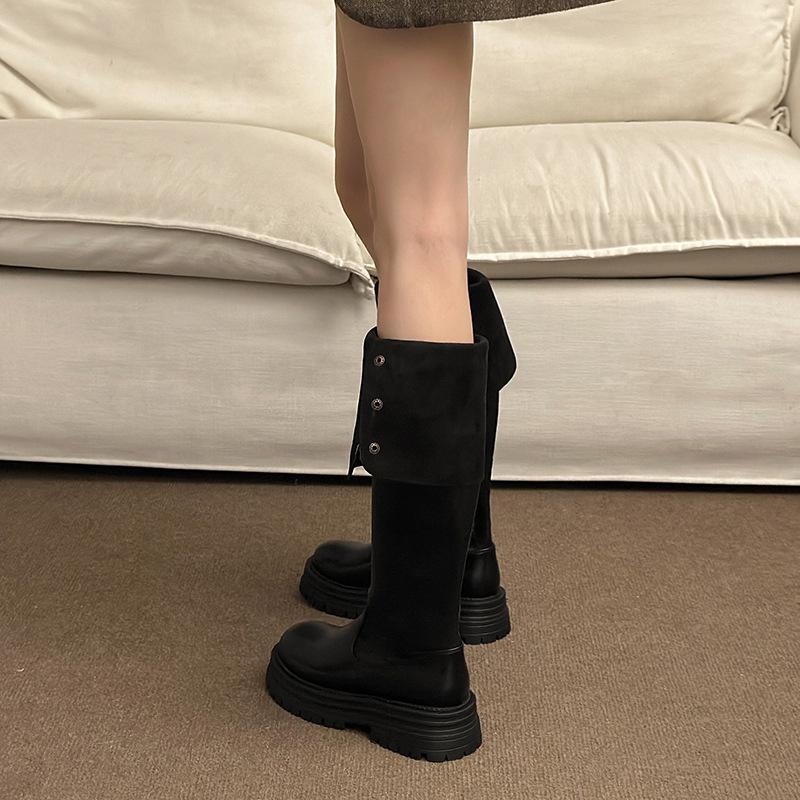 New Product Fuji Orange, Thick-soled Two-worn Knee Boots for Women's 2025 Autumn and Winter New Models To Increase Height and Look Thin, Folded Bo