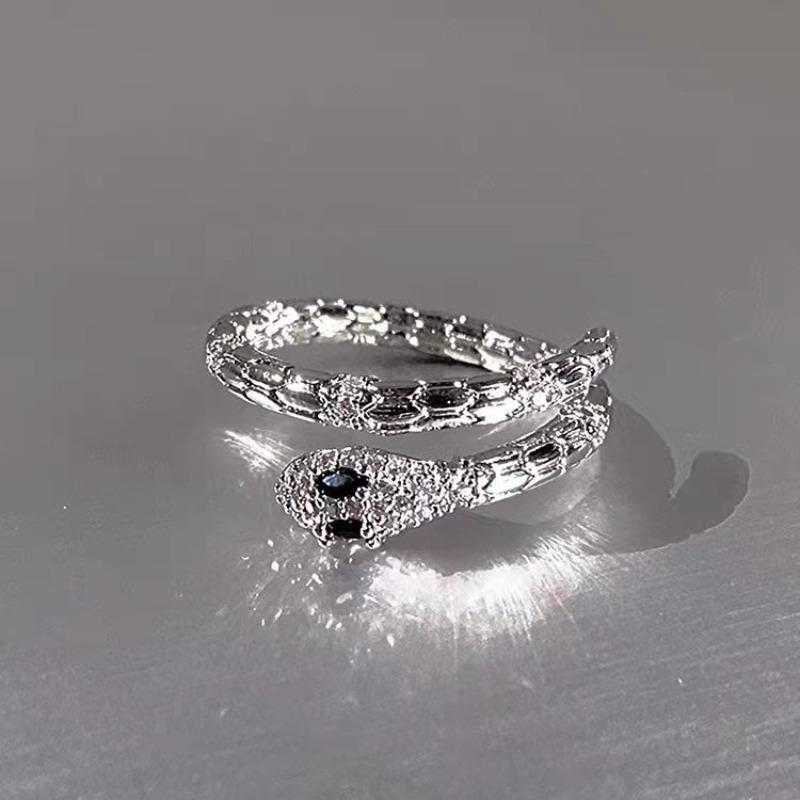 Zircon metal serpentine open ring, male and female students, niche personality, simple and versatile temperament, fashion ring